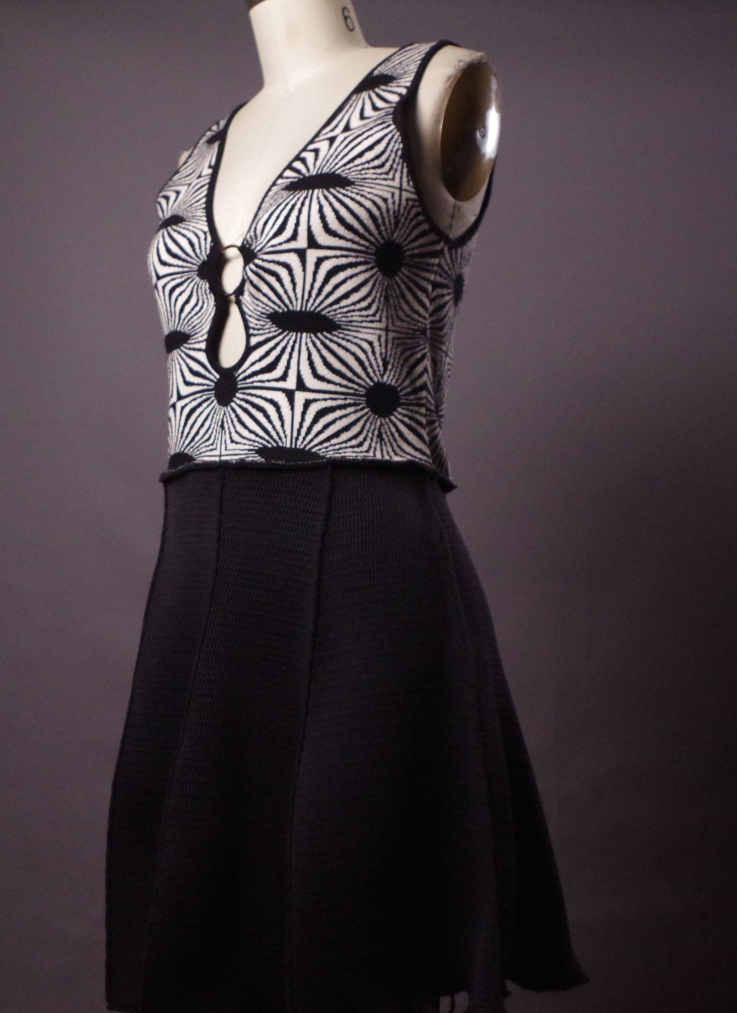 Optical Illusion Upcycled Dress, Retro low cut dress, Trippy Festival dress