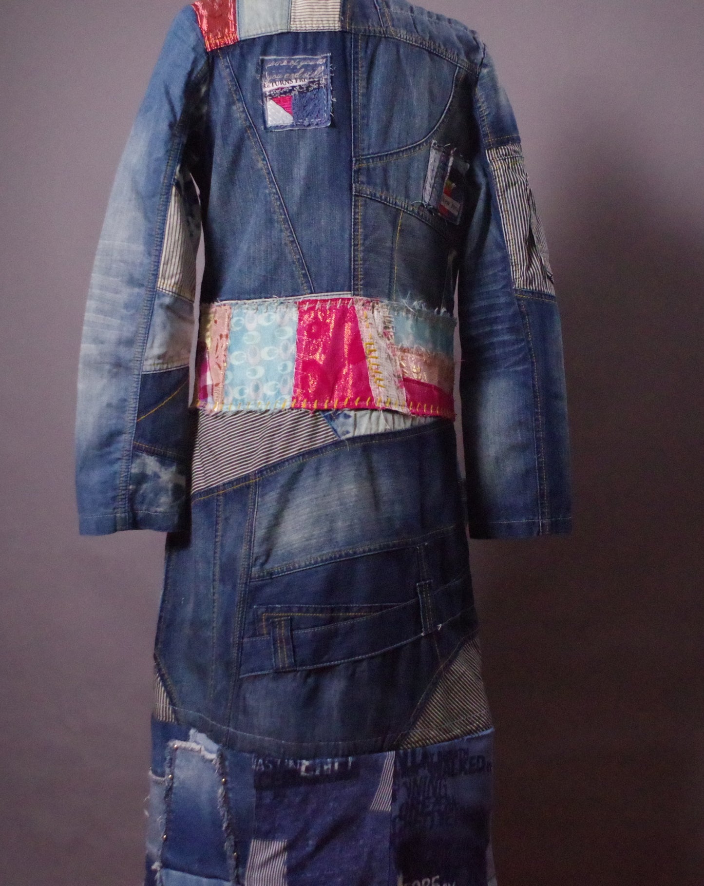 Upcycled Patchwork Denim Jacket, Long Jean Jacket, Unique Denim Patchwork Jacket