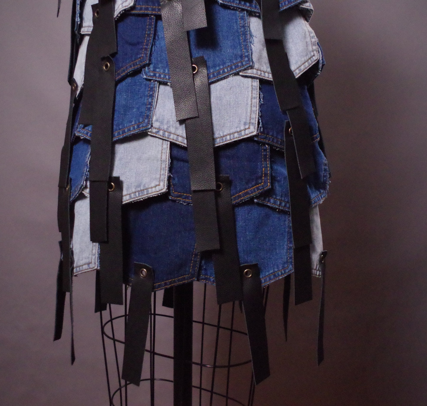 OOAK Pocket Denim Dress, Up-cyled Denim Jean Dress, Leather Fringe mini jean dress
