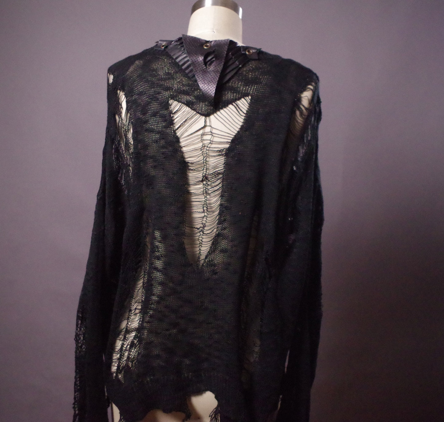 Ripped Distressed leather top, Destroyed mesh sweater, Up-cycled ripped goth top