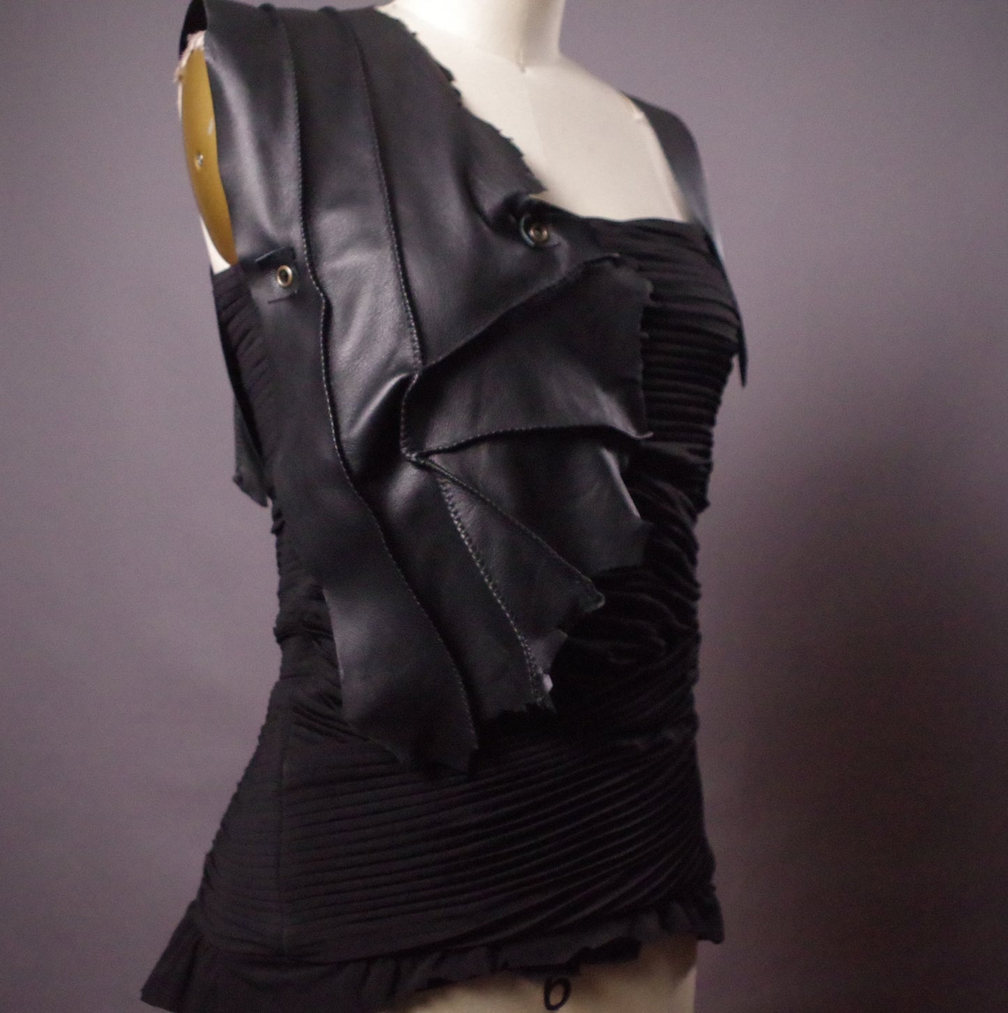 Ruffled Leather black top, Genuine leather chic top, Goth clothes, Avantgarde top