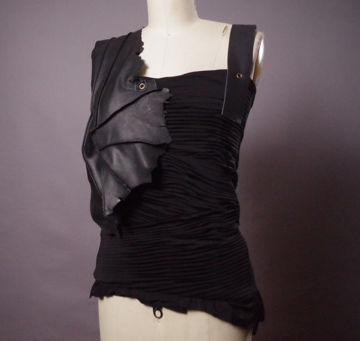 Ruffled Leather black top, Genuine leather chic top, Goth clothes, Avantgarde top