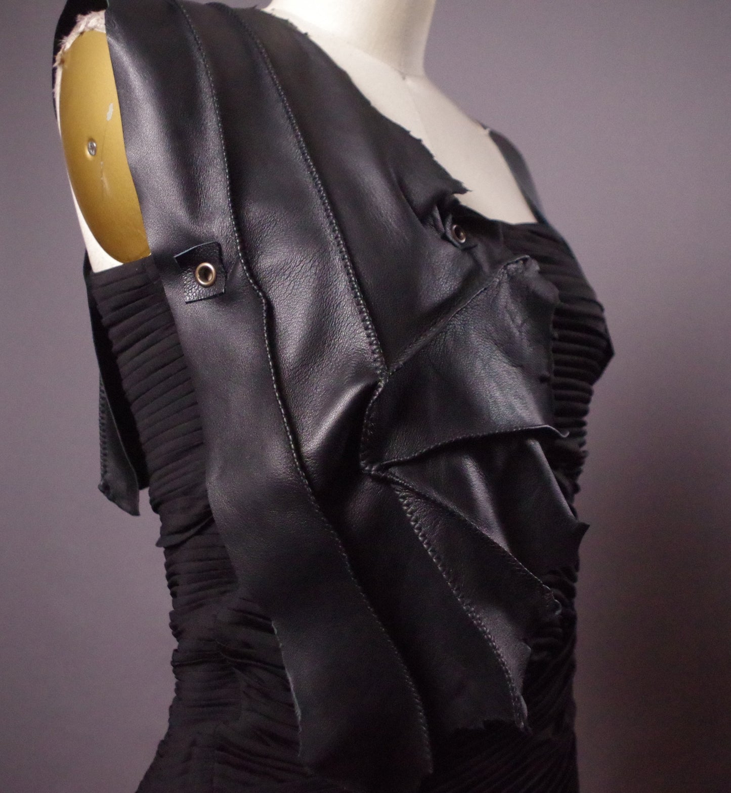 Ruffled Leather black top, Genuine leather chic top, Goth clothes, Avantgarde top