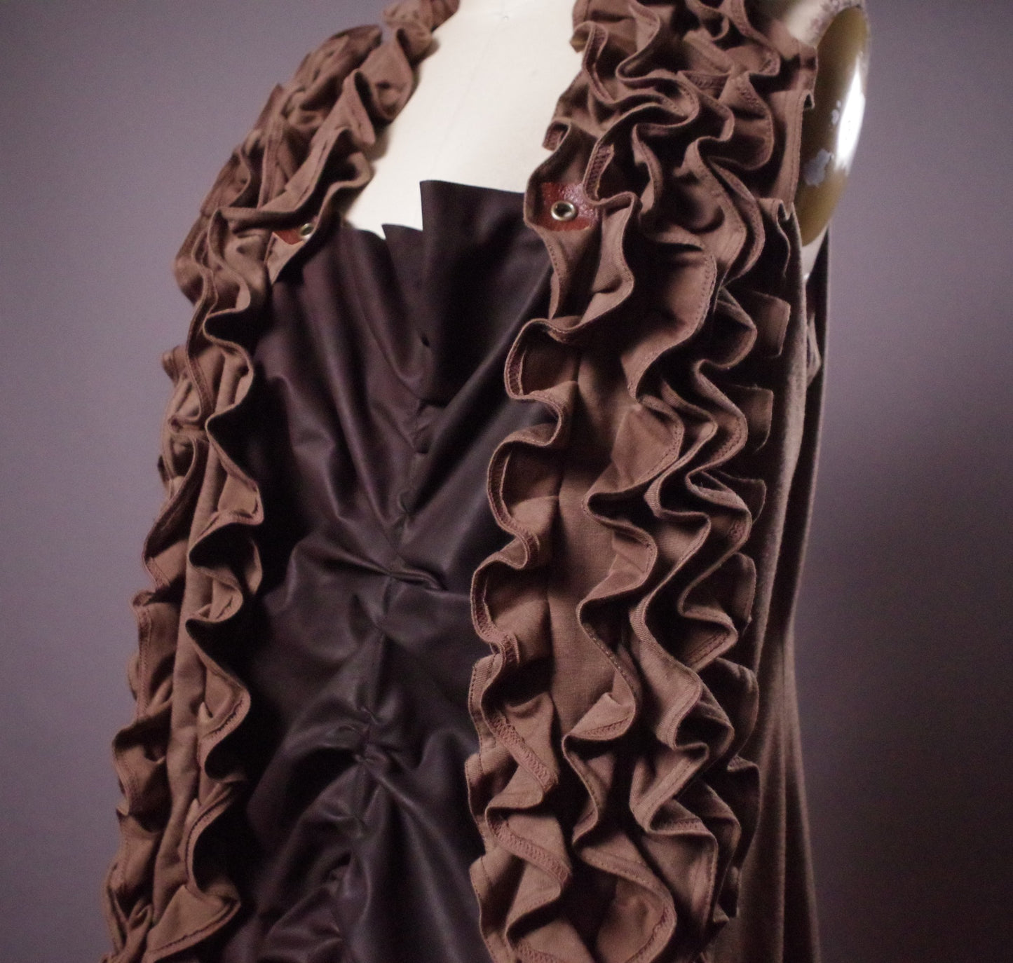 Brown ruffled top, Leather unique halter top, Leather vest, Avantgarde clothes, Boho chic