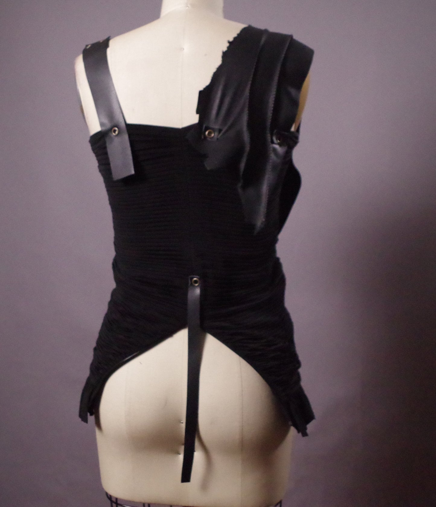 Ruffled Leather black top, Genuine leather chic top, Goth clothes, Avantgarde top
