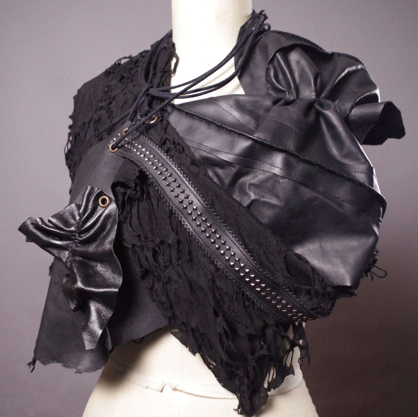 Ripped Leather Scarf, Black Leather Caplet, Goth Bolero top, Avantgarde accessories