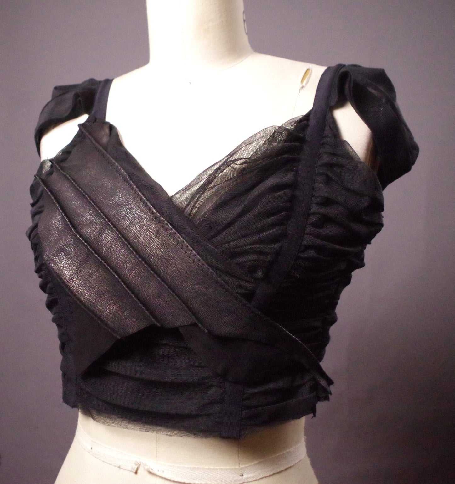 Mesh Leather crop top, Goth Bralette, Black leather crop top. Unique bra top
