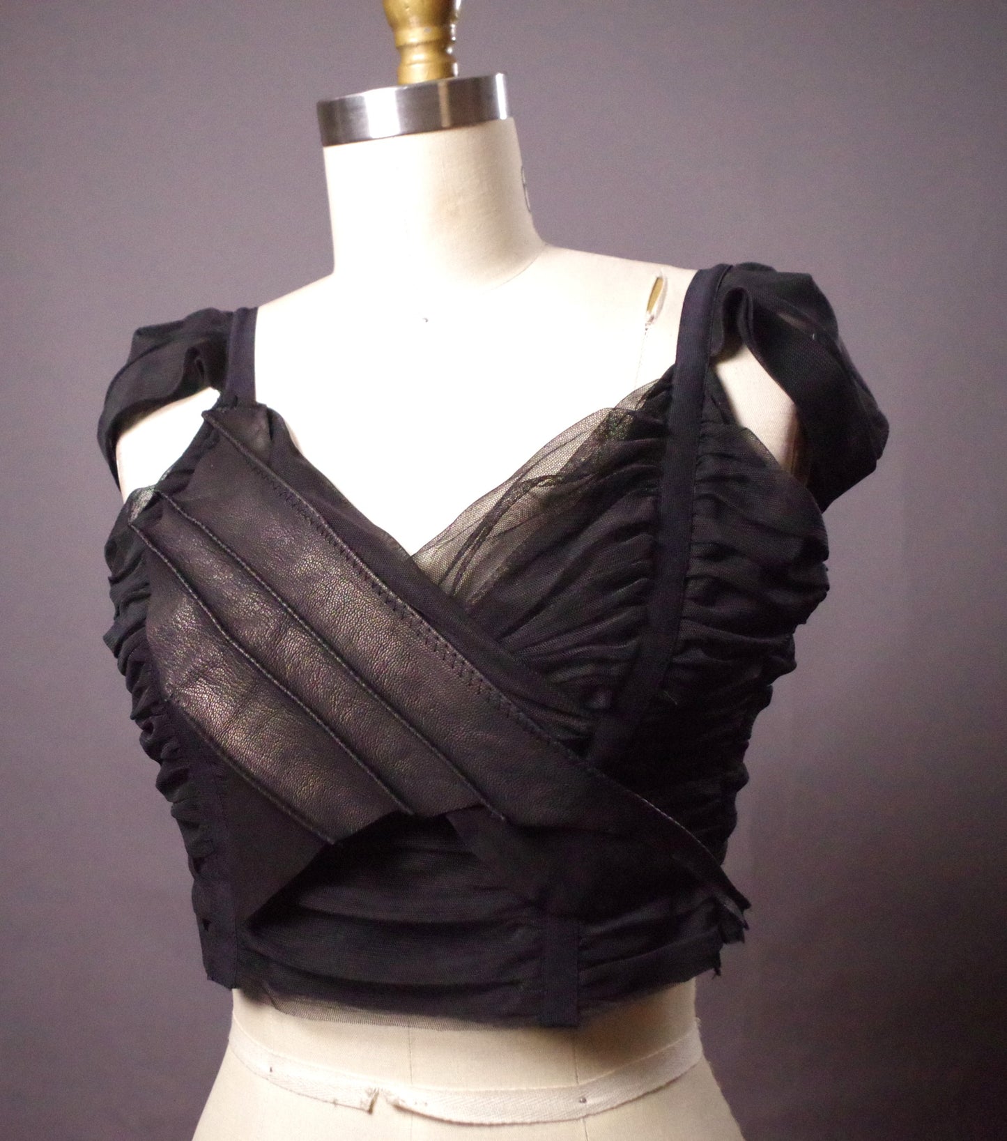 Mesh Leather crop top, Goth Bralette, Black leather crop top. Unique bra top
