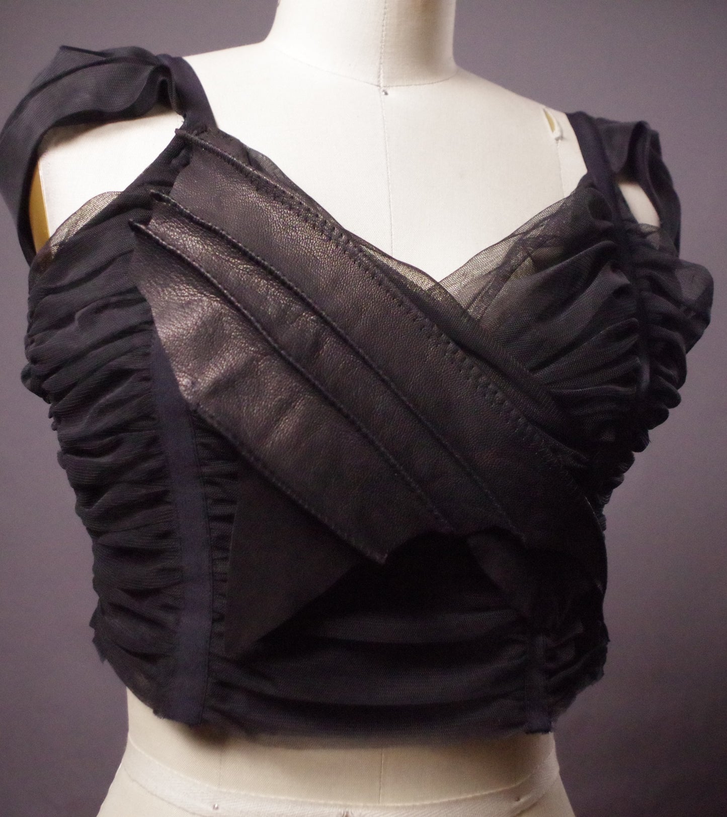 Mesh Leather crop top, Goth Bralette, Black leather crop top. Unique bra top