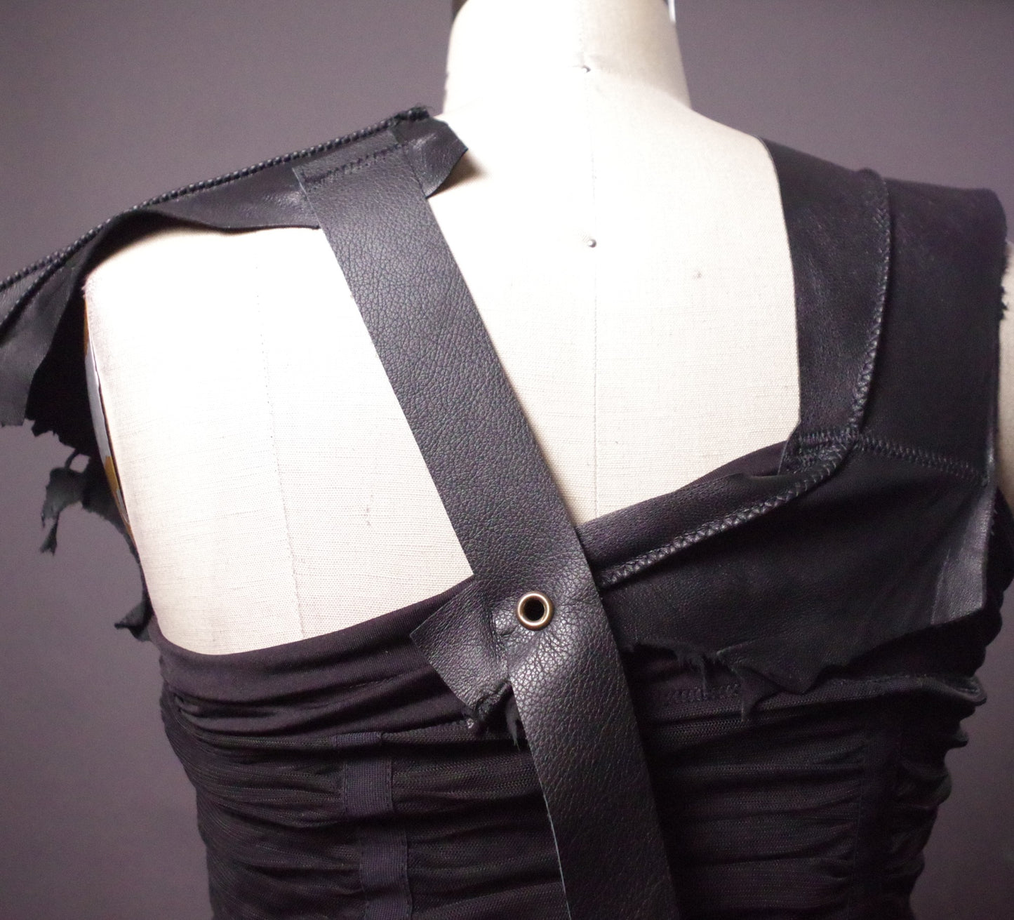 Mesh Leather top, Goth halter top, Black leather party top, Goth clothes