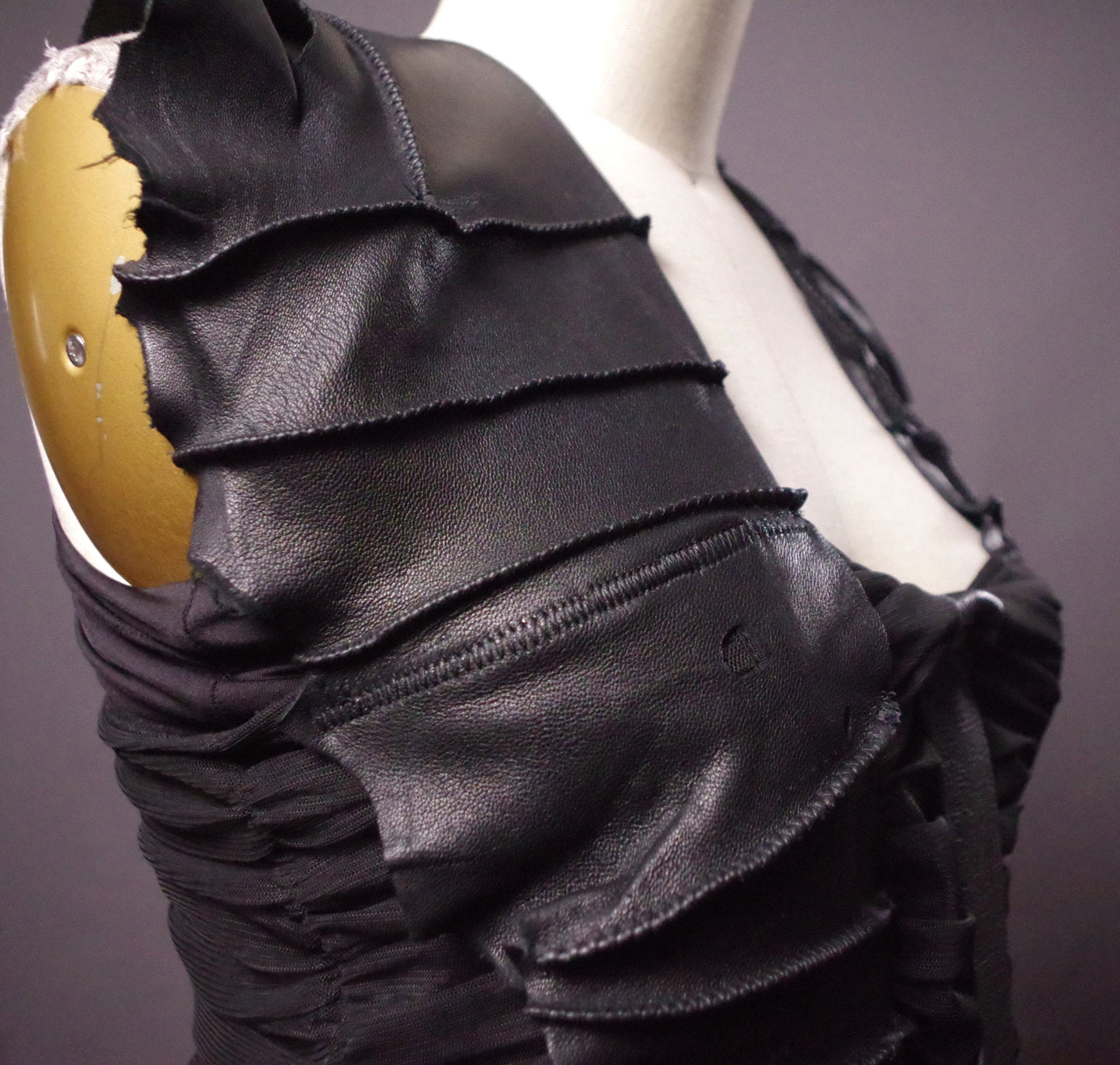 Mesh Leather top, Goth halter top, Black leather party top, Goth clothes