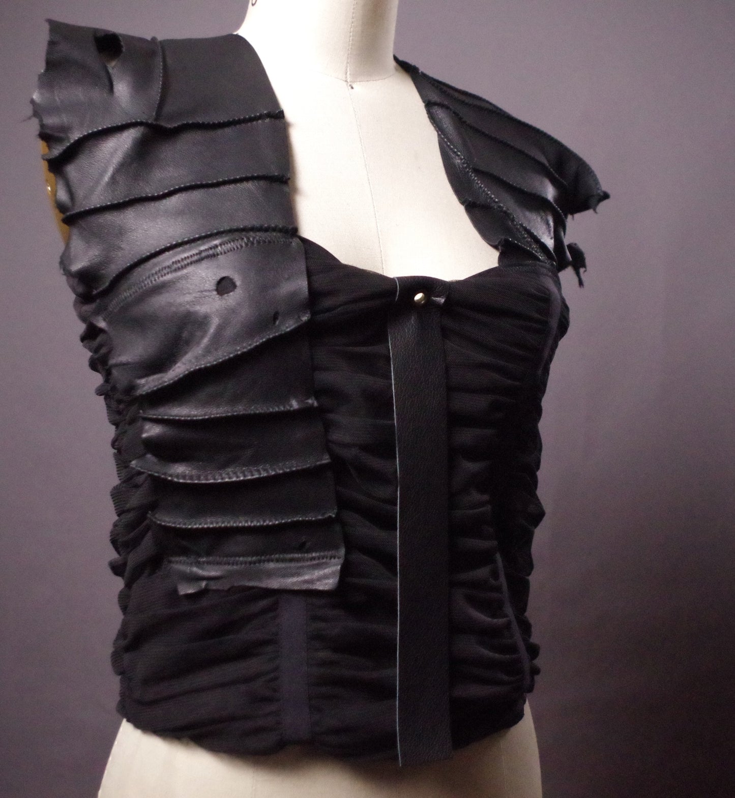 Mesh Leather top, Goth halter top, Black leather party top, Goth clothes