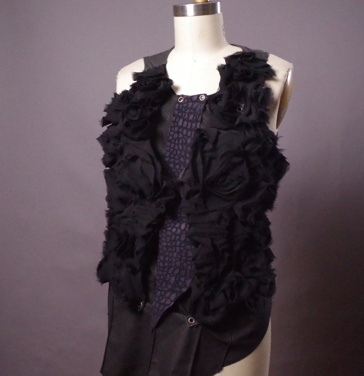 Black ruffled top, Leather unique halter top, Leather vest, Goth clothes