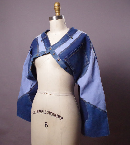 Patchwork Jean Jacket, Unique Denim Bolero Jacket, OOAK Jean Denim Jacket, Crop Jacket, Street Fashion, Cyberpunk