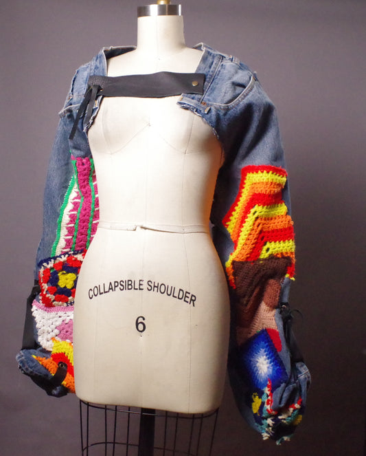 Crochet denim jacket, Up-cycled Jean Jacket, Unique Denim Bolero Jacket, Street Fashion, Women crop jacket