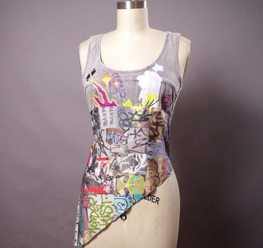 OOAK Jean Corset Top, Denim Corset Top, Jean Denim Summer Top. Graffiti clothing