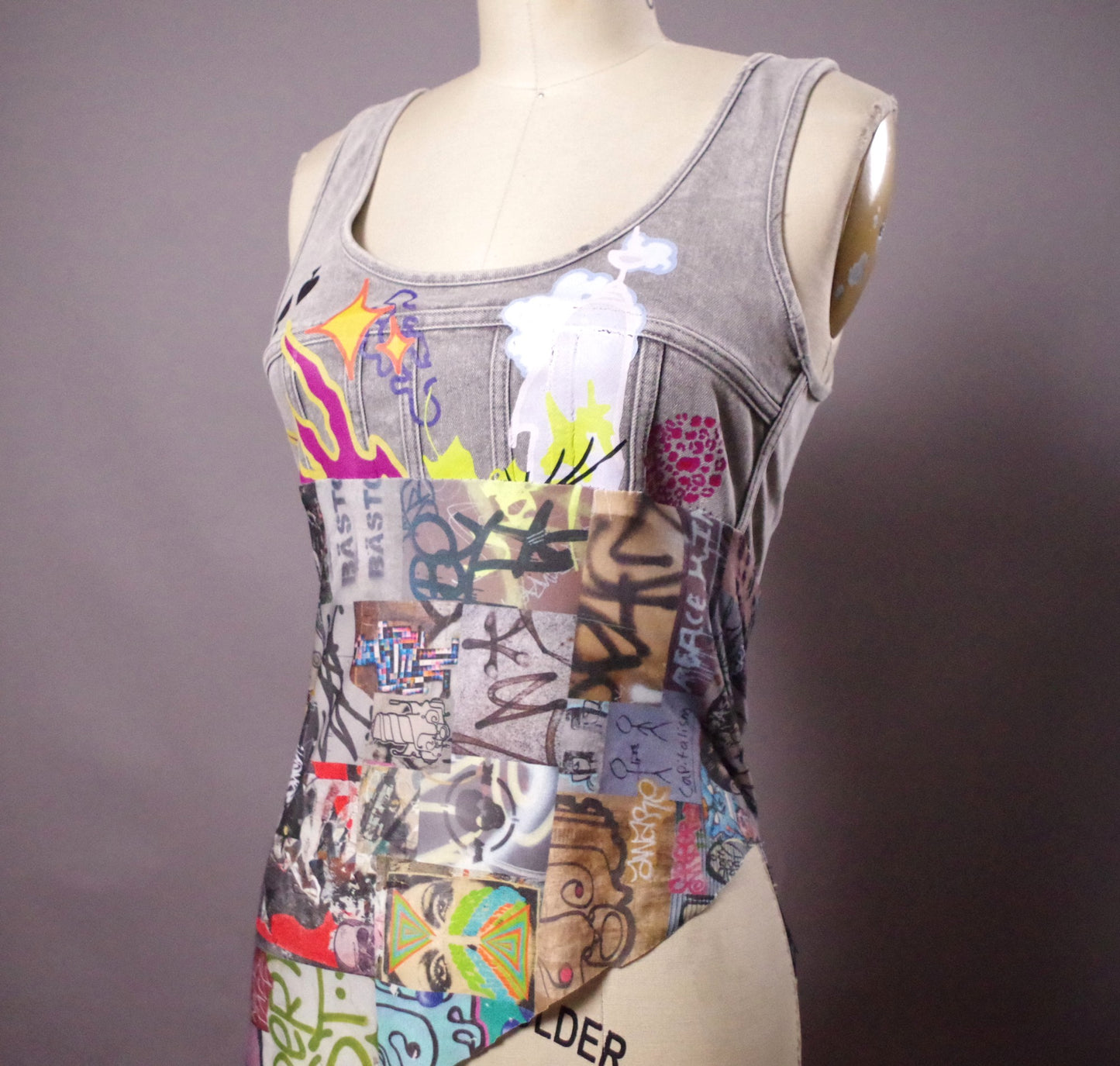 OOAK Jean Corset Top, Denim Corset Top, Jean Denim Summer Top. Graffiti clothing