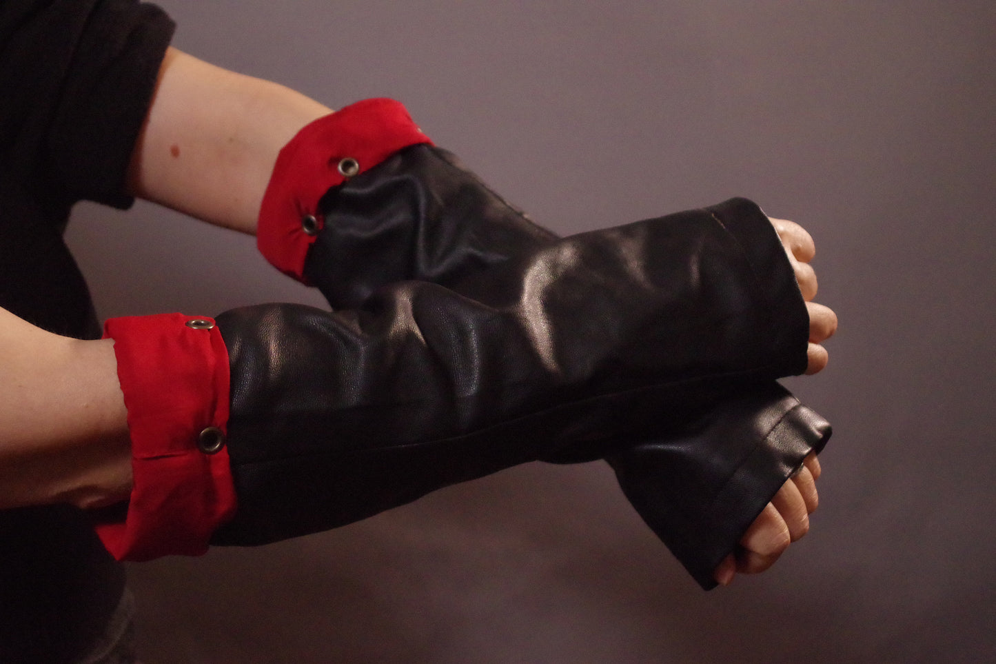Up-cycled Vegan Leather Long gloves - Unique vegan Leather gloves - Faux Leather arm warmers