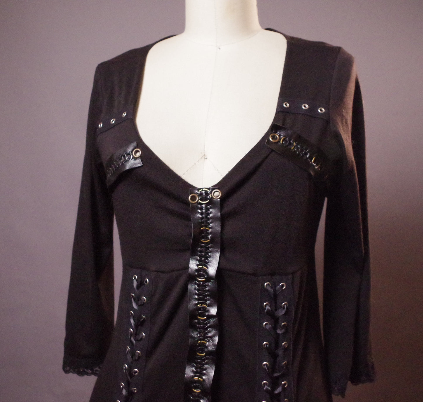 Goth tunic with grommets, Up-cycled goth tunic, Black grommet tunic top