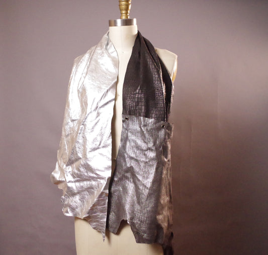 Metallic Leather Scarf - Long Leather Scarf - Silver leather Scarf