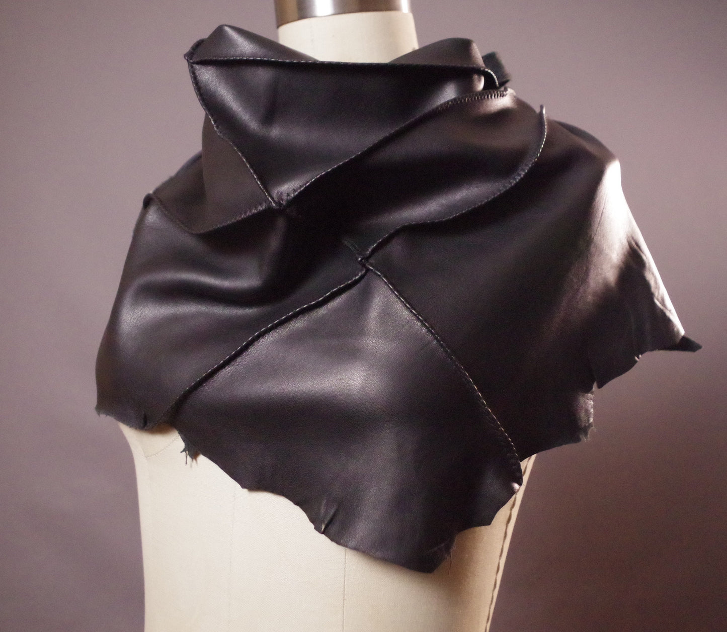 Genuine Leather Black Scarf, Twisted Leather scarf, Women's leather scarves, upcycled leather scarf
