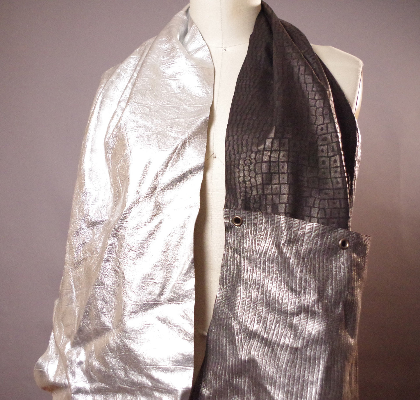 Metallic Leather Scarf - Long Leather Scarf - Silver leather Scarf