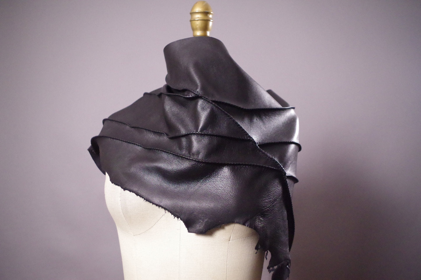 Genuine Leather Black Scarf, Twisted Leather scarf, Women's leather scarves, upcycled leather scarf
