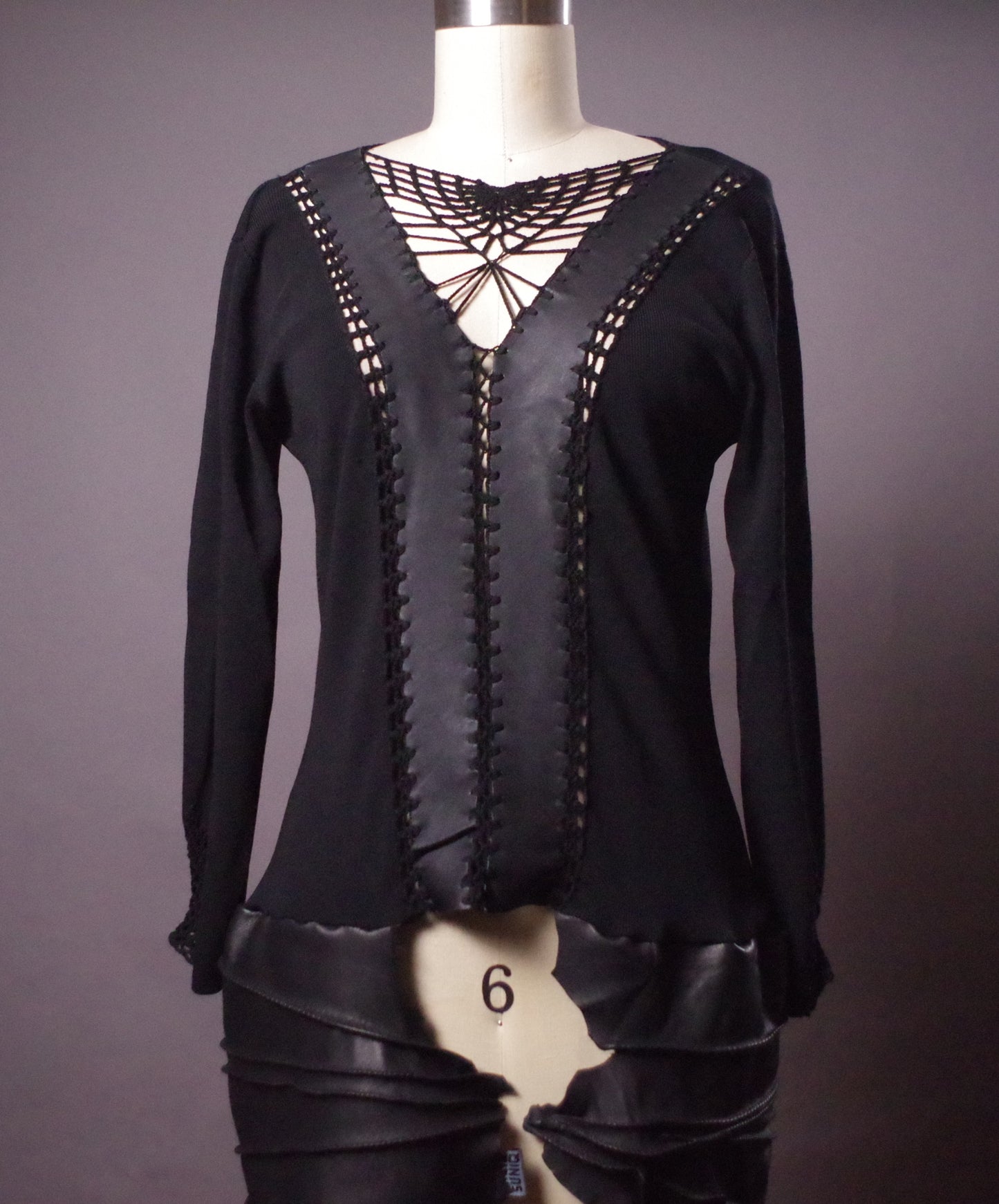 Unique Knit leather tunic dress, Goth leather sweater dress, Avantgarde leather clothes