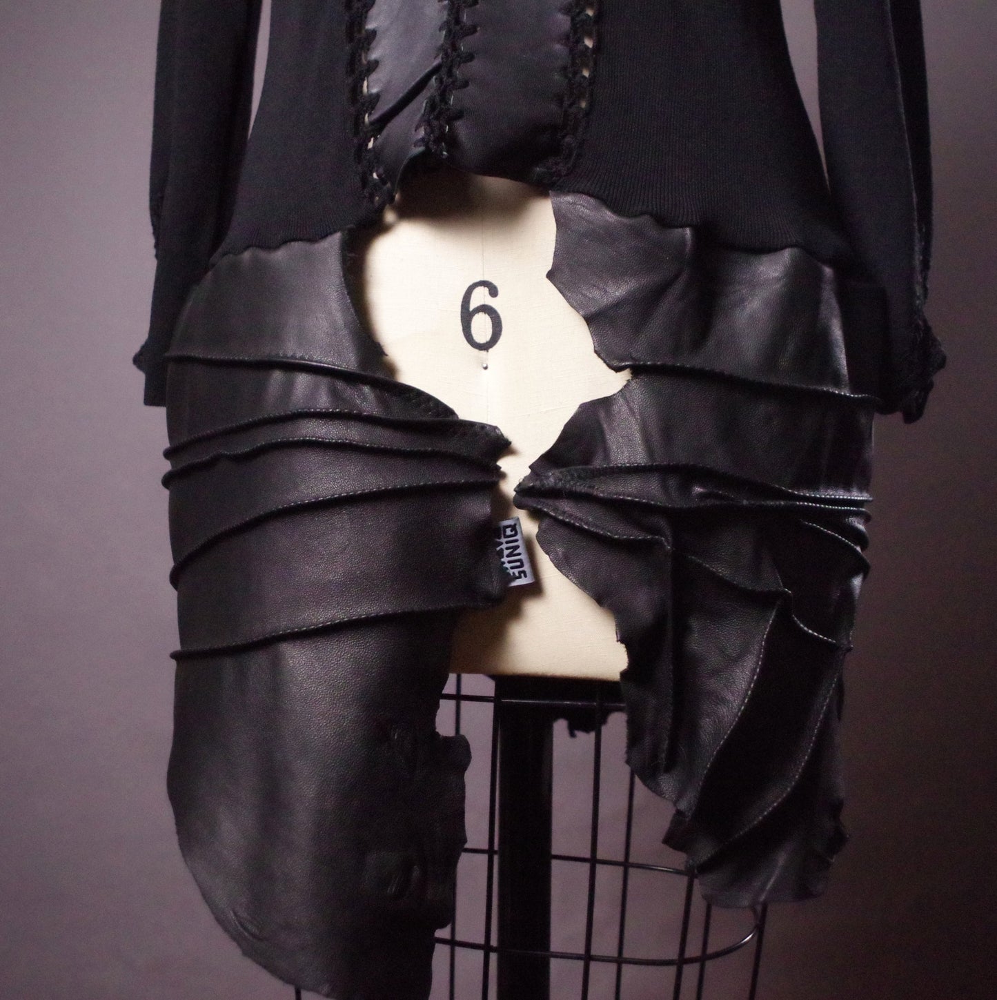 Unique Knit leather tunic dress, Goth leather sweater dress, Avantgarde leather clothes