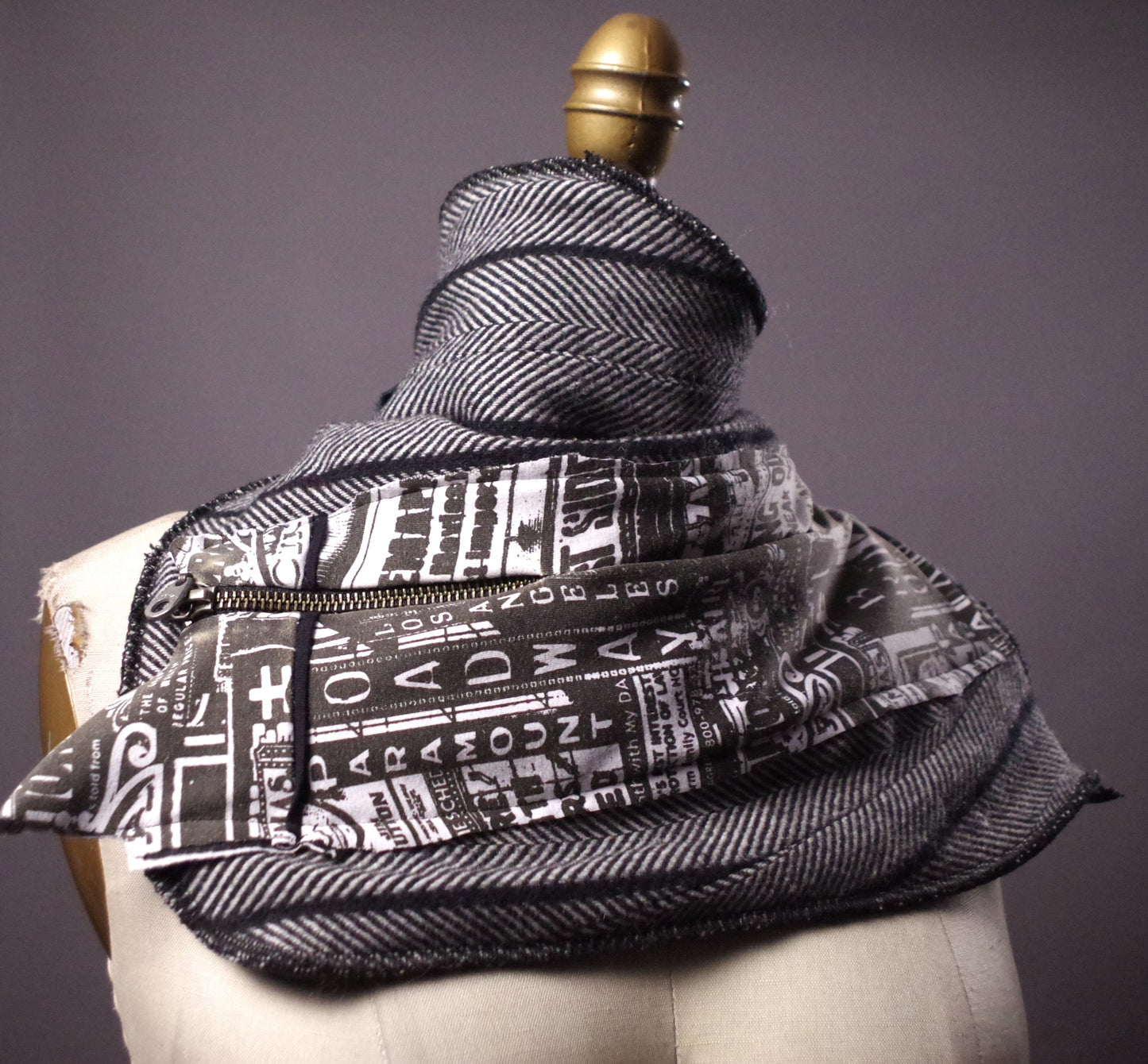 Upcycled Newspaper print scarf, Wool women scarf, Unique striped scarf neck warmer