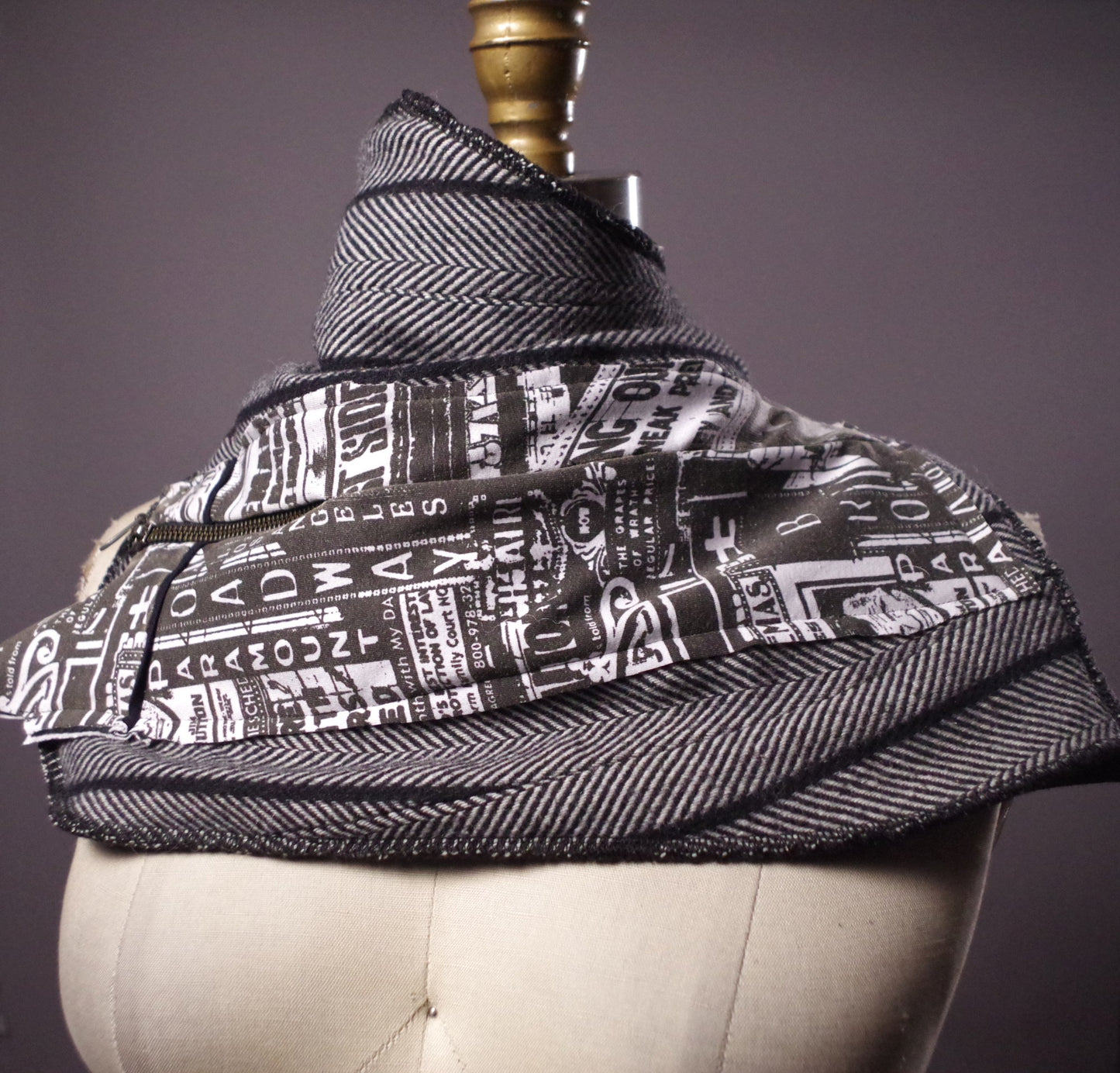 Upcycled Newspaper print scarf, Wool women scarf, Unique striped scarf neck warmer