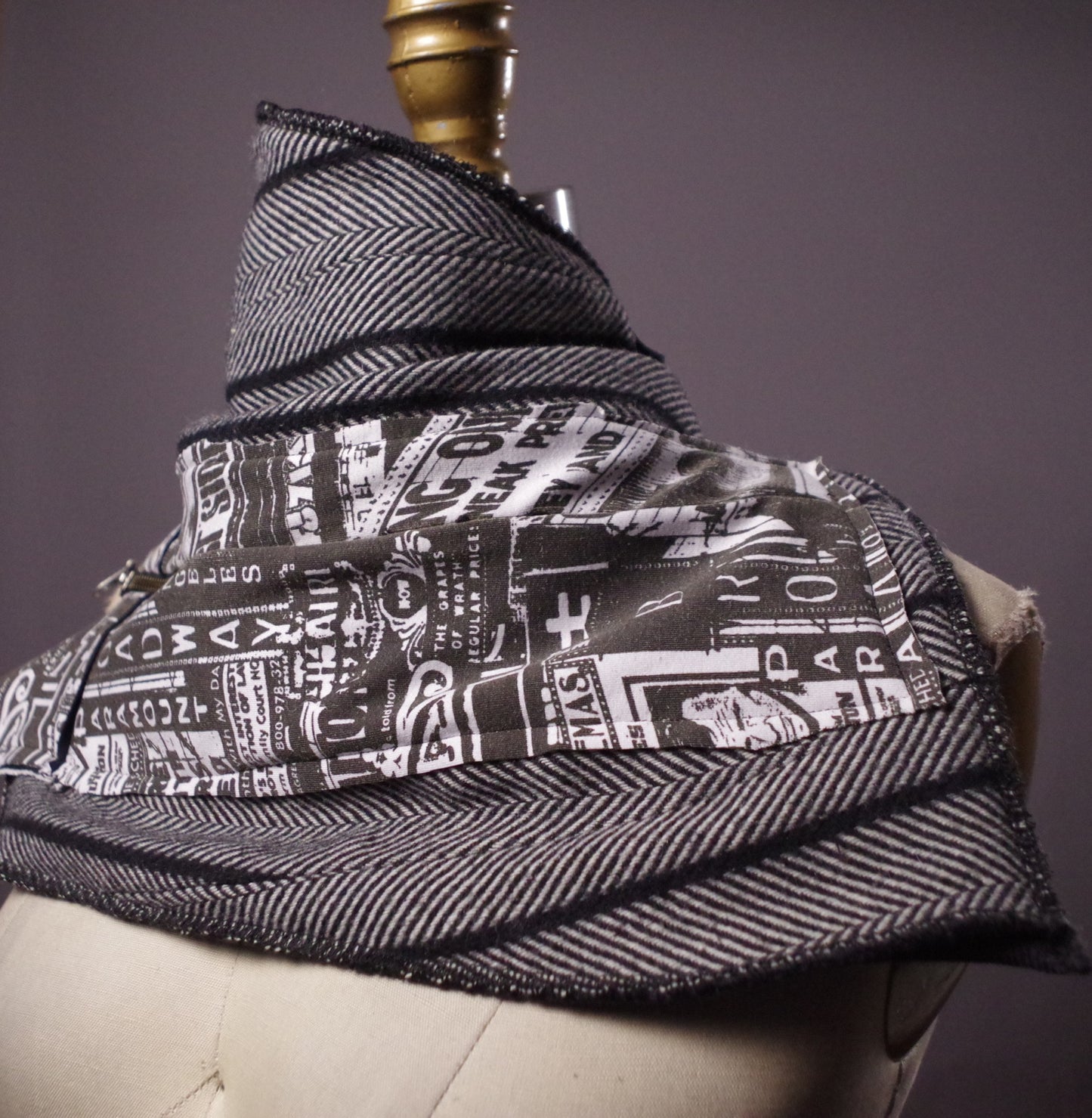 Upcycled Newspaper print scarf, Wool women scarf, Unique striped scarf neck warmer