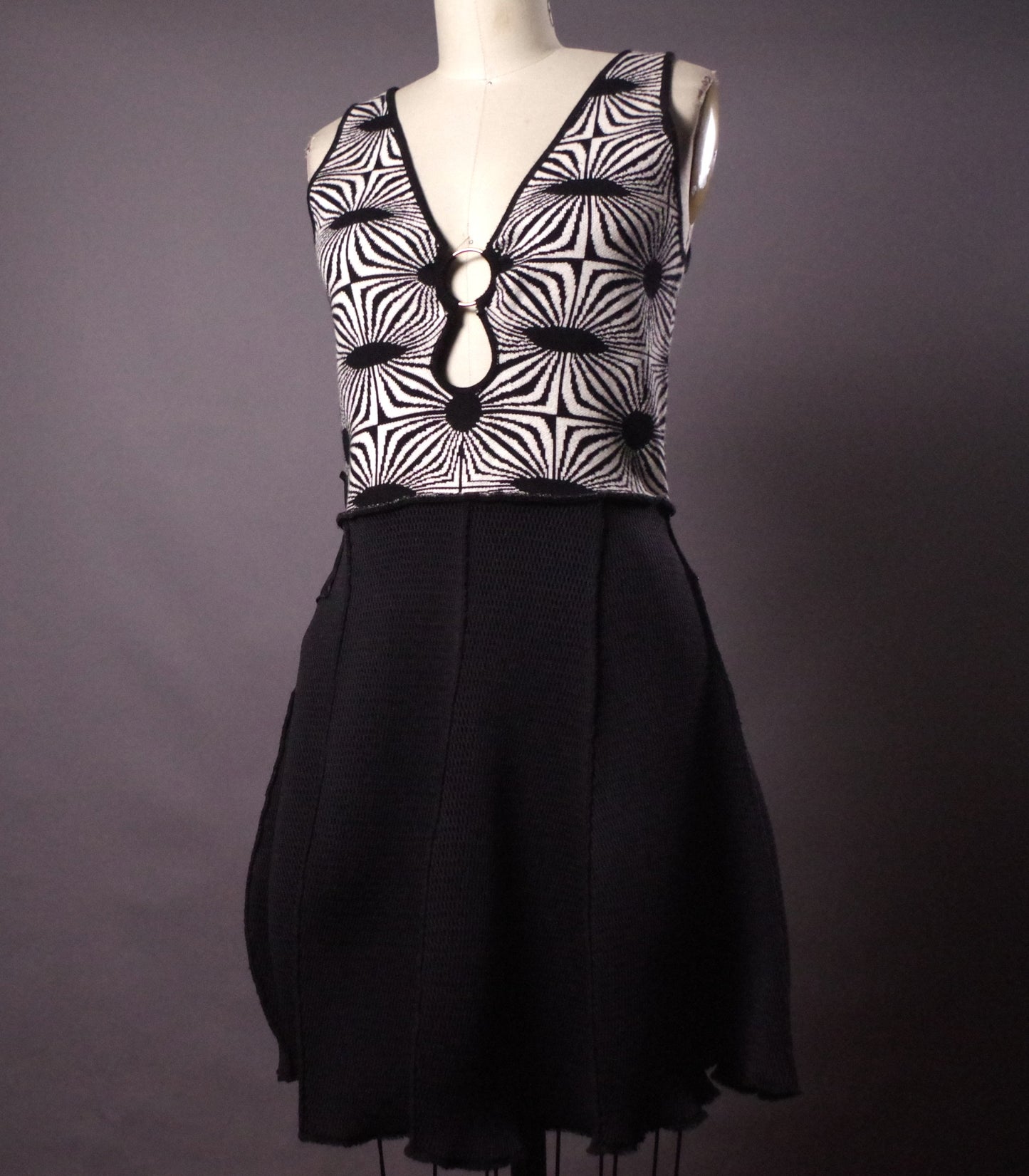 Optical Illusion Upcycled Dress, Retro low cut dress, Trippy Festival dress