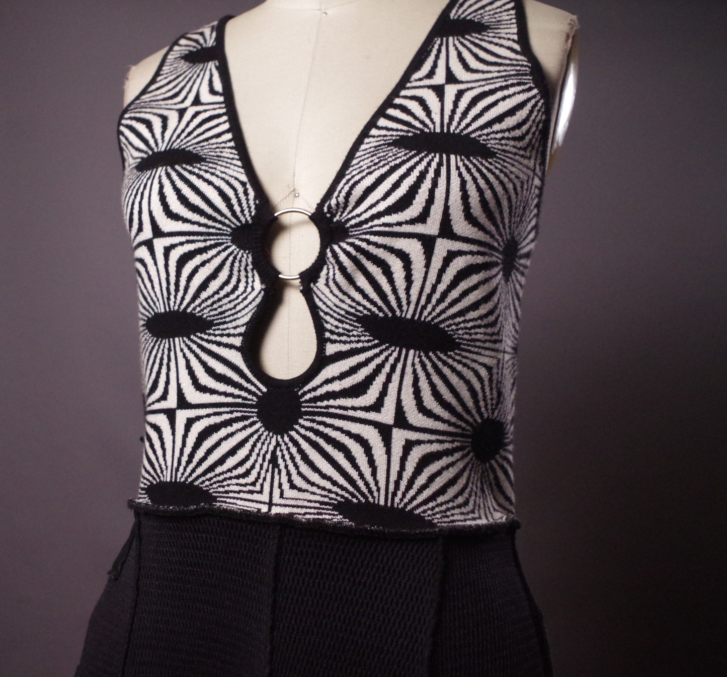 Optical Illusion Upcycled Dress, Retro low cut dress, Trippy Festival dress