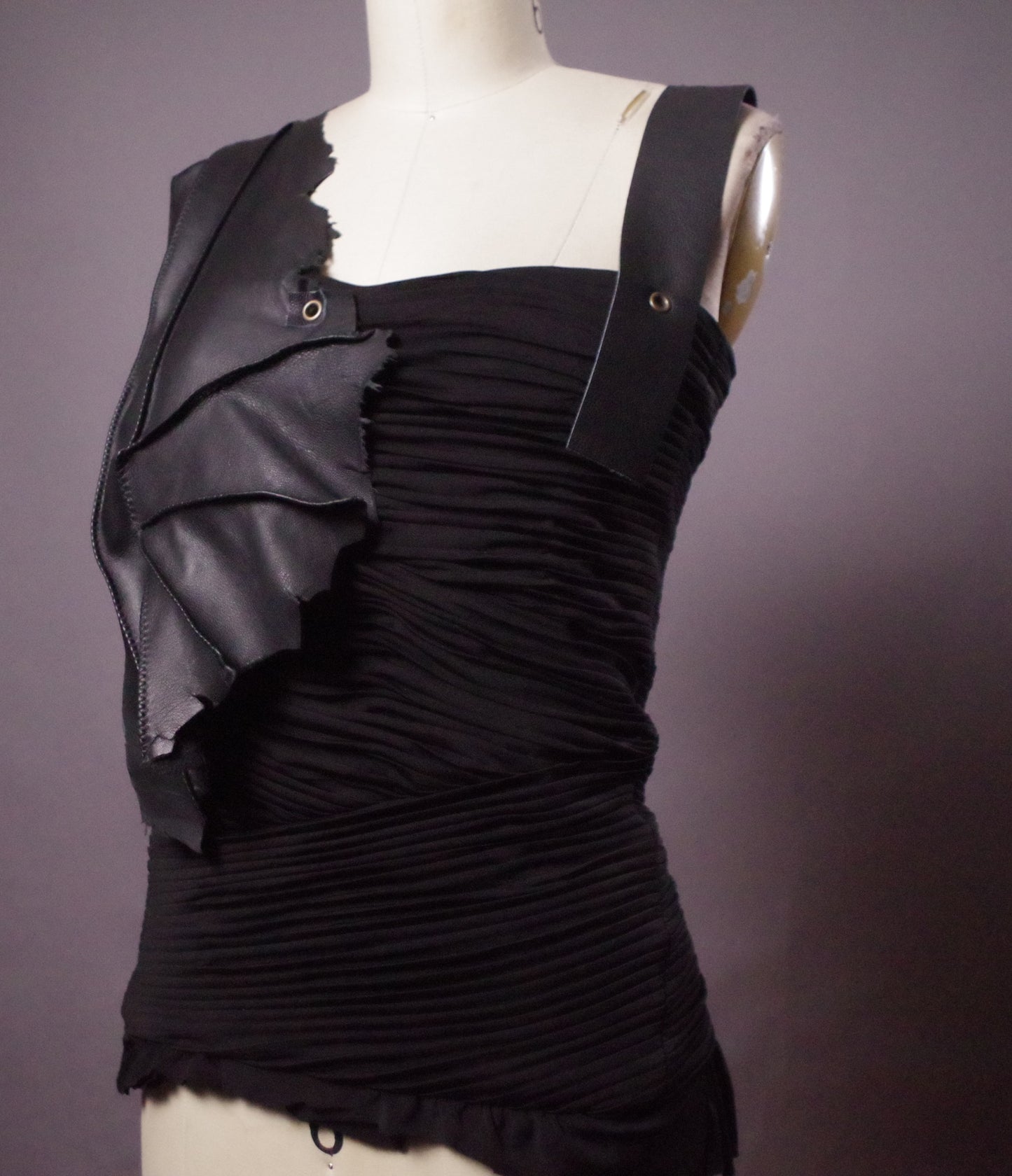 Ruffled Leather black top, Genuine leather chic top, Goth clothes, Avantgarde top