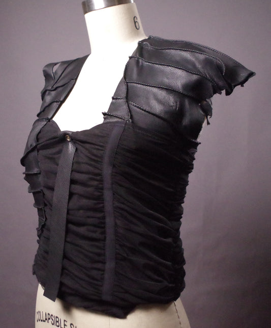 Mesh Leather top, Goth halter top, Black leather party top, Goth clothes