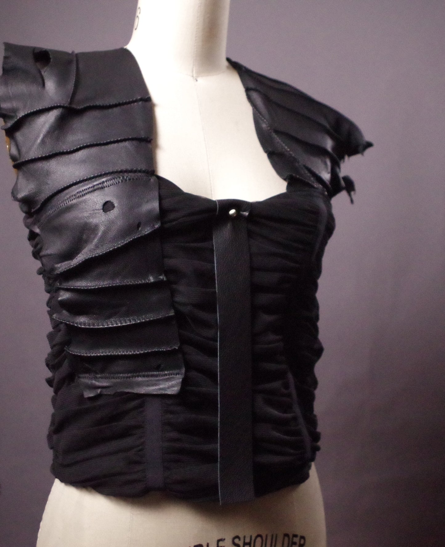 Mesh Leather top, Goth halter top, Black leather party top, Goth clothes