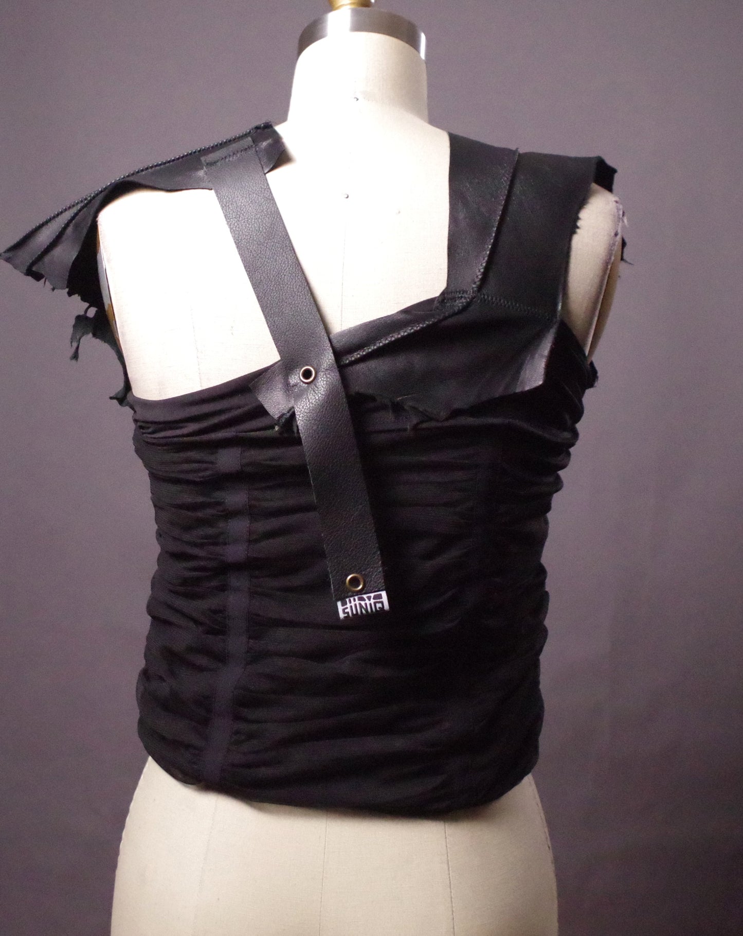 Mesh Leather top, Goth halter top, Black leather party top, Goth clothes